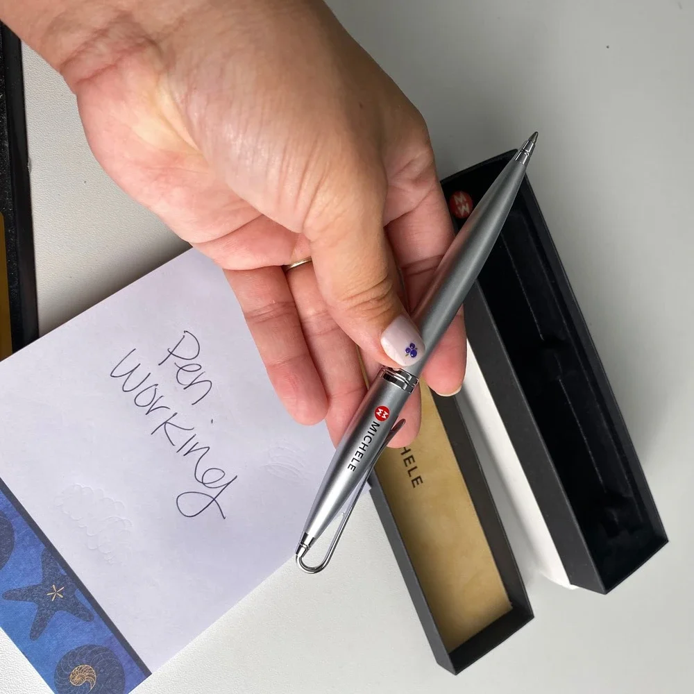 Michele Luxury Ballpoint Pen Silver Tone Brushed Metal MW Logo with Box Set